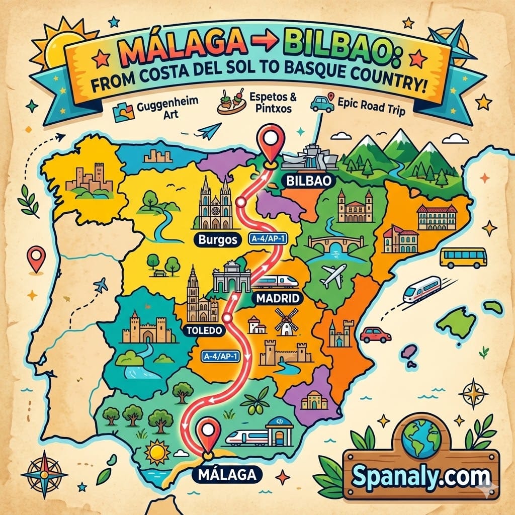 Epic infographic map of Spain showing the travel route from Malaga to Bilbao, featuring icons for the Guggenheim museum, Spanish food, and transport options like high-speed train and road trip.