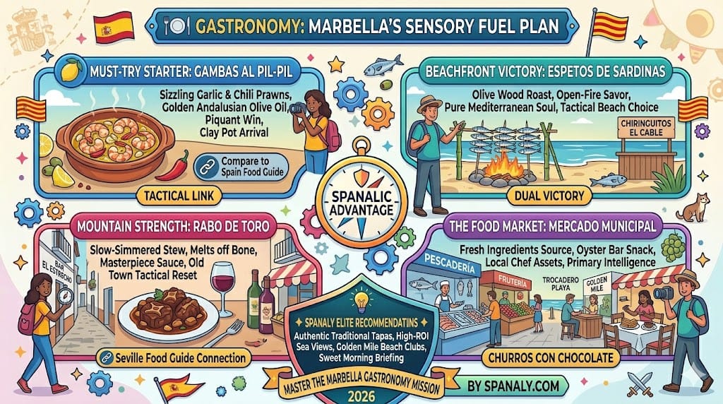 A colorful infographic summarizing Marbella’s gastronomy sensory fuel plan, featuring Gambas al Pil-Pil, Espetos de Sardinas, Rabo de Toro, Mercado Municipal, and elite restaurant recommendations.