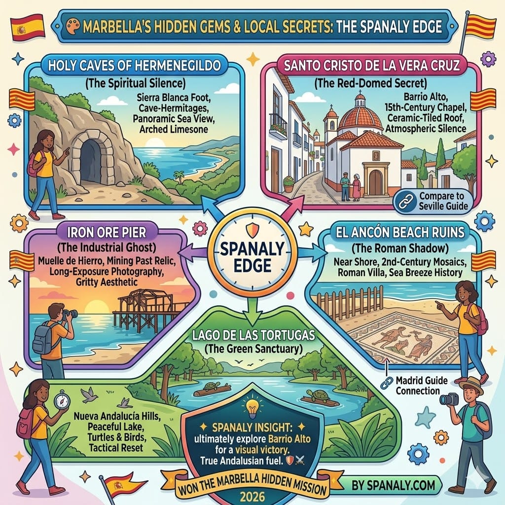 A colorful infographic highlighting Marbella's hidden gems: Holy Caves of Hermenegildo, Santo Cristo de la Vera Cruz, Iron Ore Pier, El Ancon Beach Ruins, and Lago de las Tortugas.