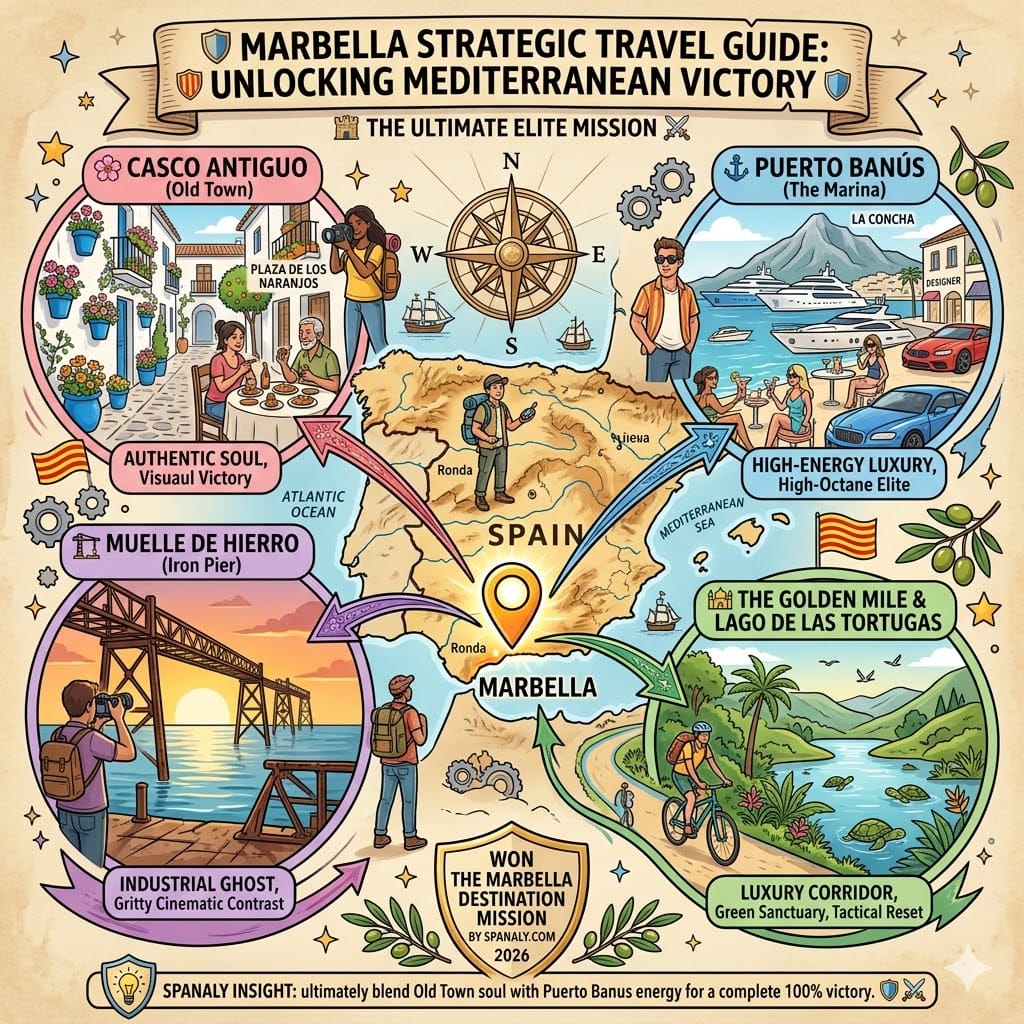 An epic infographic map of Spain highlighting Marbella as the primary destination, featuring icons for the Old Town, Puerto Banus, Iron Pier, and the Golden Mile in a vibrant flat vector style.