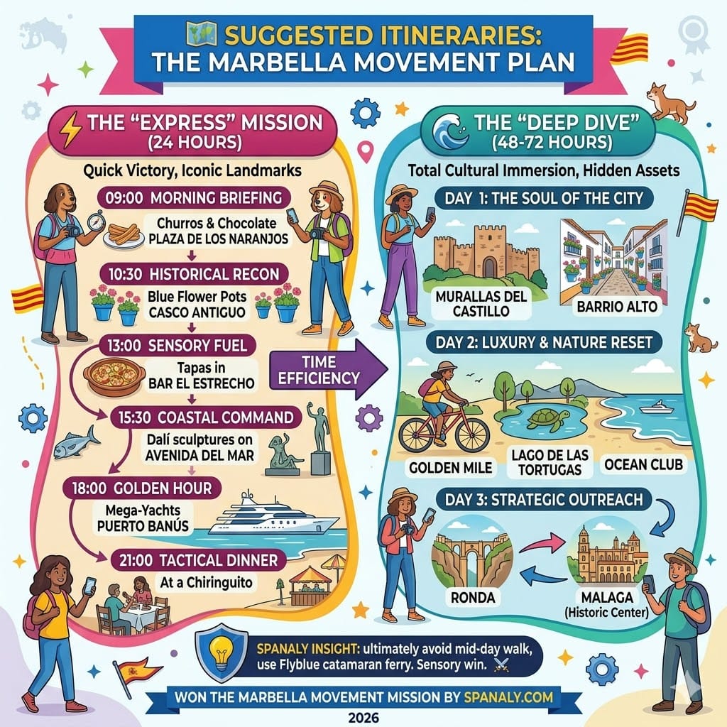 A colorful infographic of Marbella travel itineraries, featuring a 24-hour express mission through the Old Town and Puerto Banus, and a 48-72 hour deep dive including Ronda and Malaga day trips.