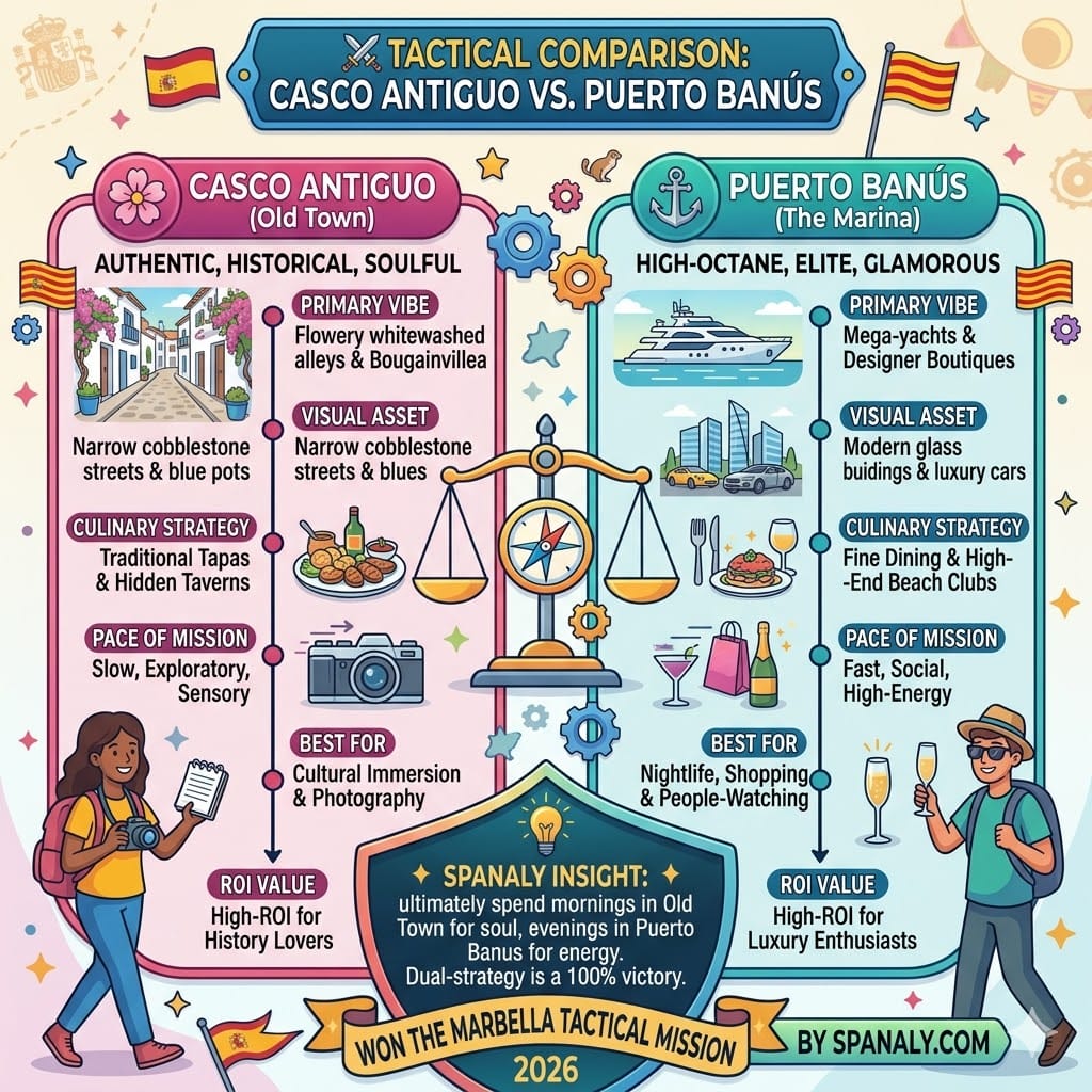 A colorful infographic comparing the tactics for visiting Marbella's Old Town (Casco Antiguo) vs. Puerto Banus marina, analyzing the vibe, visual assets, culinary strategy, pace, best activities, and ROI value for each location.