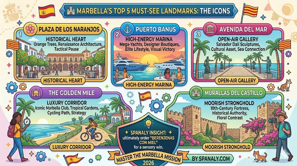 A colorful infographic highlighting Marbella's top 5 landmarks: Plaza de los Naranjos, Puerto Banus, Avenida del Mar, The Golden Mile, and the Murallas del Castillo.