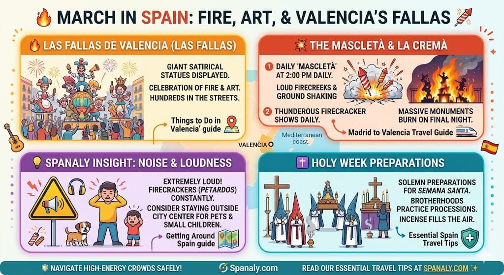Infographic titled '🔥 MARCH IN SPAIN: FIRE, ART, & VALENCIA'S FALLAS'. It features visual panels illustrating massive satirical sculptures, the daily Mascletà firecracker shows, and the burning of monuments during La Cremà in Valencia on March 19th. Includes Spanaly Insights about the extreme noise and preparations for Semana Santa processions. Modern flat vector style. Spanaly.com