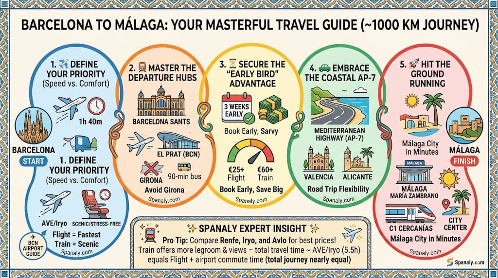A masterful step-by-step infographic guide for traveling from Barcelona to Málaga, comparing flight vs train priorities, departure hubs like BCN and Sants, early bird booking tips, and coastal AP-7 road trip highlights.