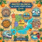 Epic infographic map of Spain highlighting Valencia with icons for Paella, City of Arts and Sciences, La Lonja, hidden gems, and travel logistics by Spanaly.com.