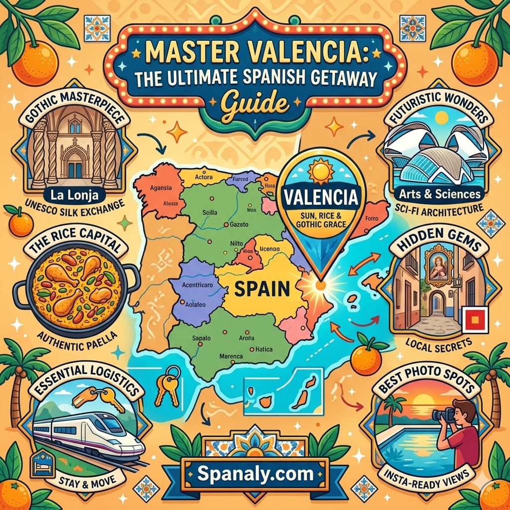 Epic infographic map of Spain highlighting Valencia with icons for Paella, City of Arts and Sciences, La Lonja, hidden gems, and travel logistics by Spanaly.com.