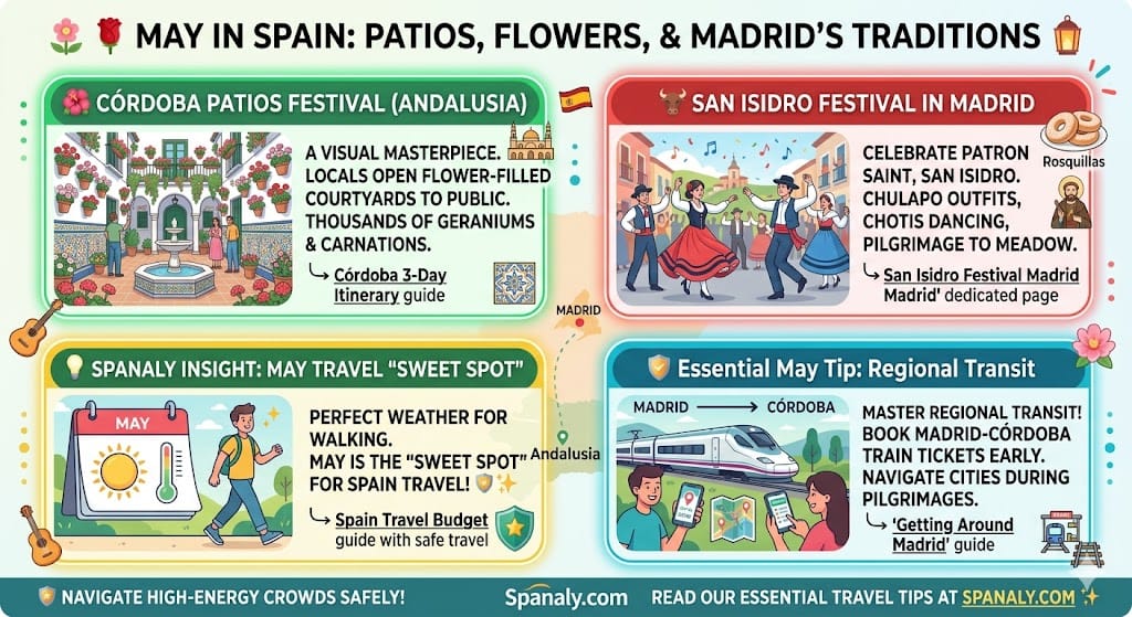 Infographic titled '🌹 MAY IN SPAIN: PATIOS, FLOWERS, & MADRID'S TRADITIONS'. It features visual panels illustrating flower-filled private courtyards in Córdoba (Patios Festival), and traditional Chulapo outfits dancing Chotis during San Isidro Festival in Madrid. Includes Spanaly Insights about perfect walking weather, regional transit, and booking Madrid-Córdoba train tickets early. Modern flat vector style. Spanaly.com