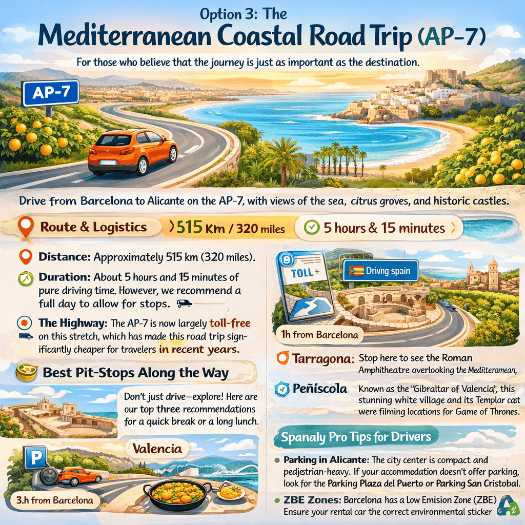 Colorful infographic showing the Mediterranean coastal road trip from Barcelona to Alicante via the AP-7 highway, including distance, driving time, toll-free route, best stops like Tarragona, Peñíscola, and Valencia, and essential driving tips in Spain.