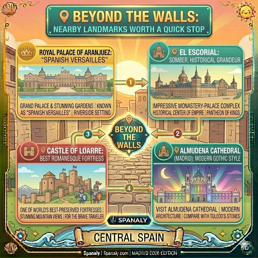 An infographic showing nearby landmarks to Madrid, including the Royal Palace of Aranjuez, El Escorial monastery, Castle of Loarre, and Almudena Cathedral for 2026 travelers by Spanaly.com.