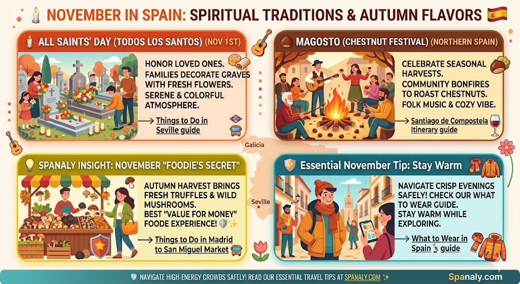 A vibrant colorful infographic titled '🕯️ NOVEMBER IN SPAIN: SPIRITUAL TRADITIONS & AUTUMN FLAVORS'. It features visual panels illustrating All Saints' Day in Seville with families decorating graves with fresh flowers, and a cozy Magosto Chestnut Festival in Northern Spain with people gathering around a bonfire to roast chestnuts with folk music. Includes Spanaly Insights about fresh truffles and wild mushrooms in Madrid and a tip to stay warm with stylish autumn layers. Modern flat vector style. Spanaly.com