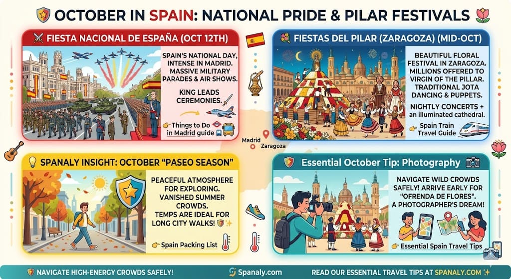 A vibrant colorful infographic titled '🛡️ OCTOBER IN SPAIN: NATIONAL PRIDE & PILAR FESTIVALS'. It features visual panels illustrating the massive military parade in Madrid for Fiesta Nacional de España, and the beautiful flower offering pyramid at Fiestas del Pilar in Zaragoza. Includes Spanaly Insights about 'Paseo Season' for city walks and photography tips. Modern flat vector style. Spanaly.com