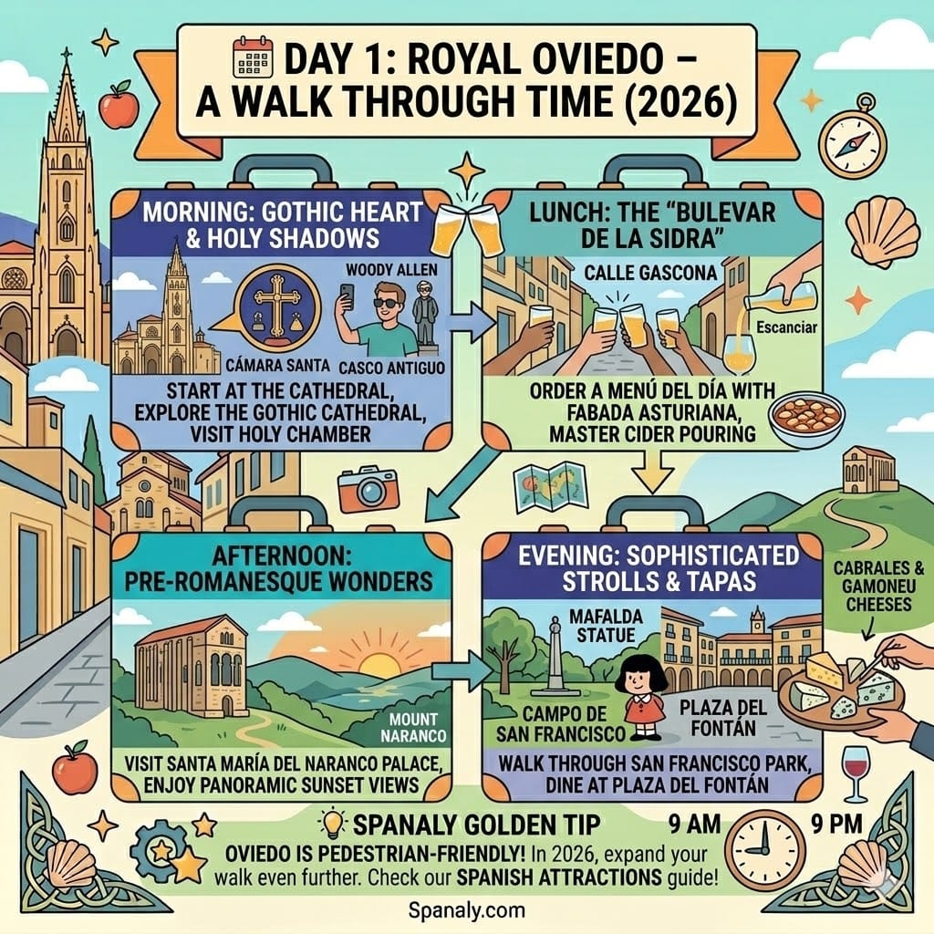 A detailed 2026 itinerary infographic for Day 1 in Oviedo, Asturias. Featuring the Gothic Cathedral, cider pouring at Calle Gascona, the Pre-Romanesque Santa Maria del Naranco palace, and dinner at Plaza del Fontan.