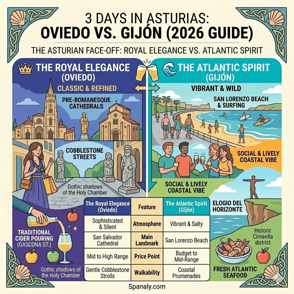 A colorful infographic comparison between Oviedo and Gijon for a 3-day Asturias itinerary. Left side features Oviedo's Gothic cathedrals and traditional cider pouring. Right side features Gijon's San Lorenzo beach and coastal vibes. Includes a 2026 comparison table for landmarks and atmosphere.