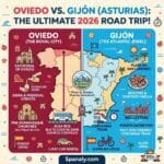 An epic infographic map comparing Oviedo and Gijón in Asturias for 2026. Featuring key landmarks like Oviedo Cathedral, San Lorenzo beach, cider pouring rituals, and transport icons like the ALSA bus and Cercanías train.