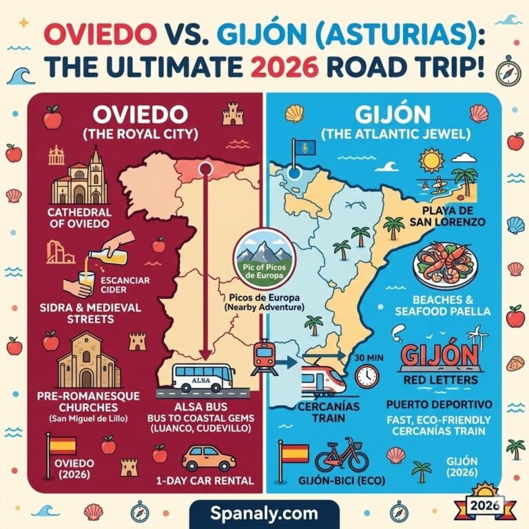 An epic infographic map comparing Oviedo and Gijón in Asturias for 2026. Featuring key landmarks like Oviedo Cathedral, San Lorenzo beach, cider pouring rituals, and transport icons like the ALSA bus and Cercanías train.