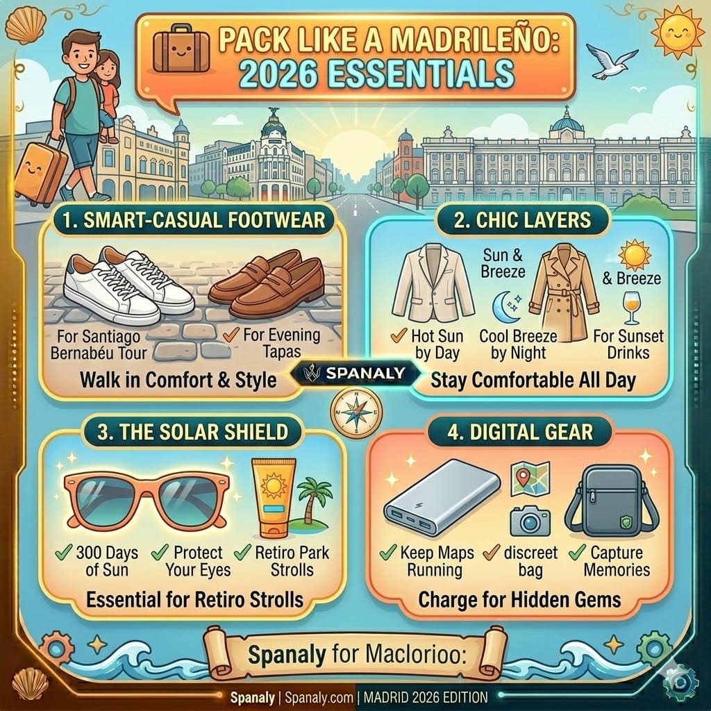 Infographic of the essential packing list for Madrid 2026, including smart-casual footwear, chic layers, solar shield sunglasses, and digital travel gear by Spanaly.com.