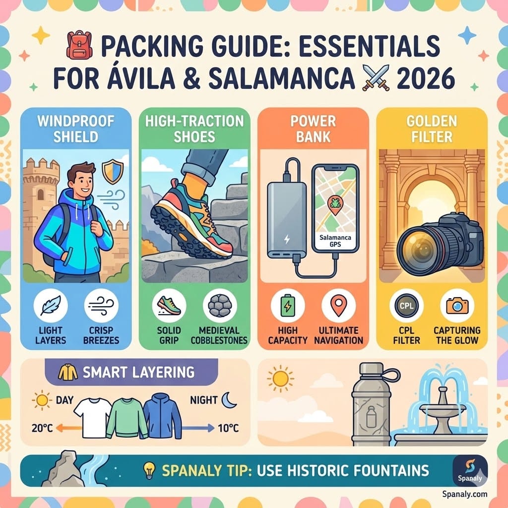 Square 1024x1024 infographic showing packing essentials for Ávila and Salamanca in 2026, including windproof layers, high-traction shoes, power bank, and camera filters with a pastel colorful design.