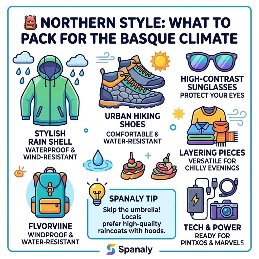 Colorful travel infographic for Basque Country packing essentials, featuring icons for a stylish rain shell, urban hiking shoes, sunglasses, layering clothes, and tech gadgets with a Spanaly pro-tip about raincoats.