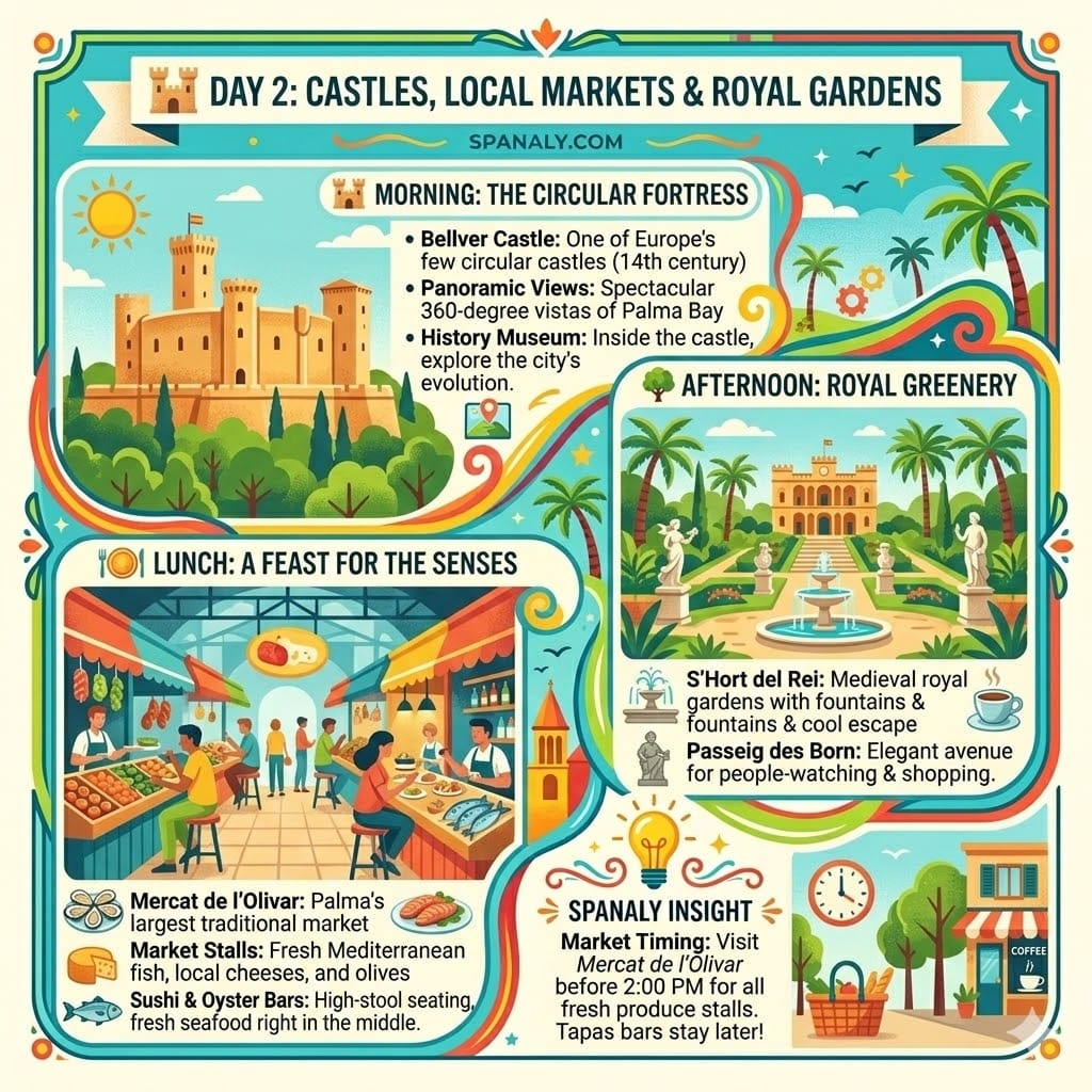 Infographic for Day 2 in Palma de Mallorca by Spanaly.com, featuring Bellver Castle, Mercat de l’Olivar food market, and S’Hort del Rei royal gardens.