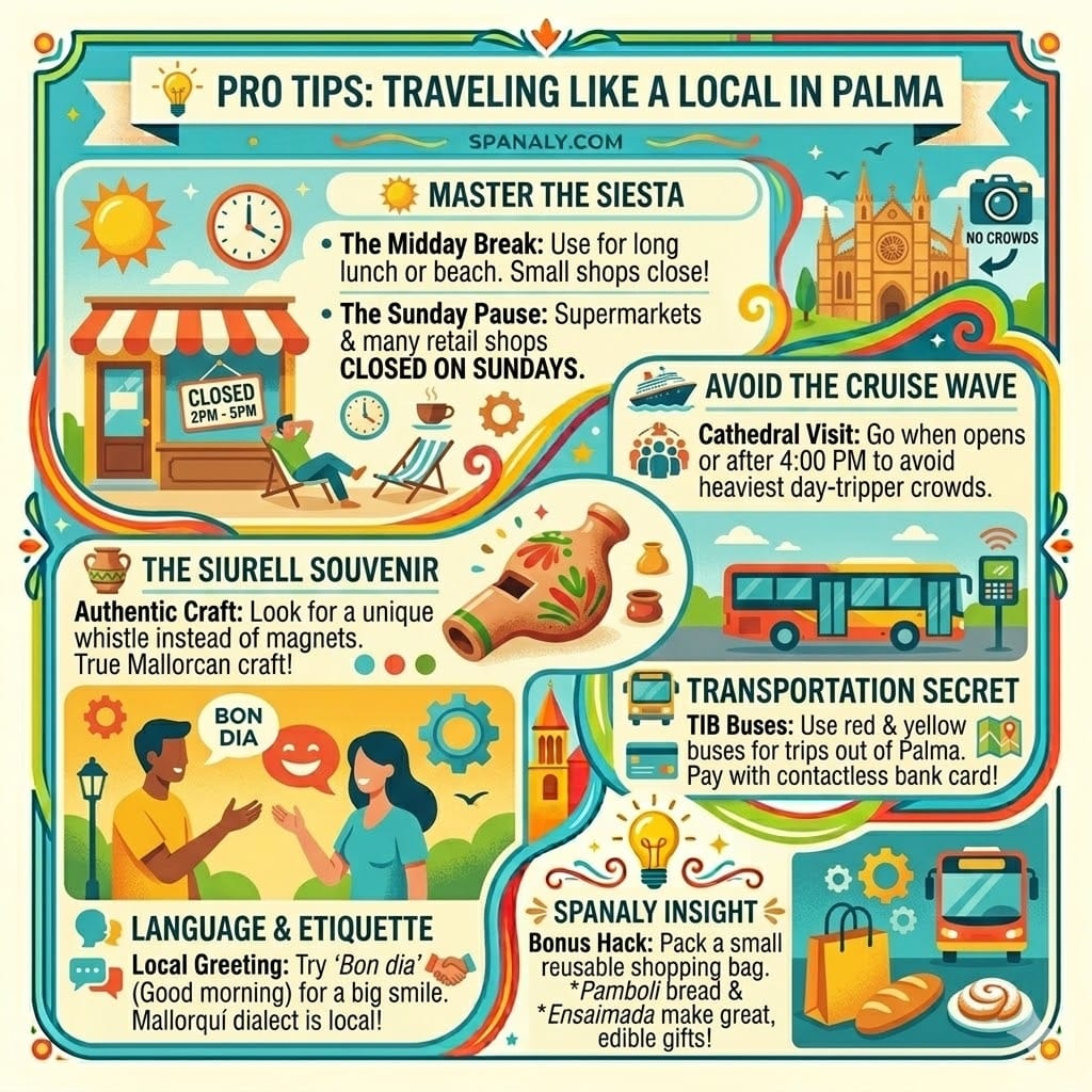 Pro travel tips infographic for Palma de Mallorca by Spanaly.com, showing siesta hours, local greetings, TIB bus payment info, and traditional Siurell crafts.