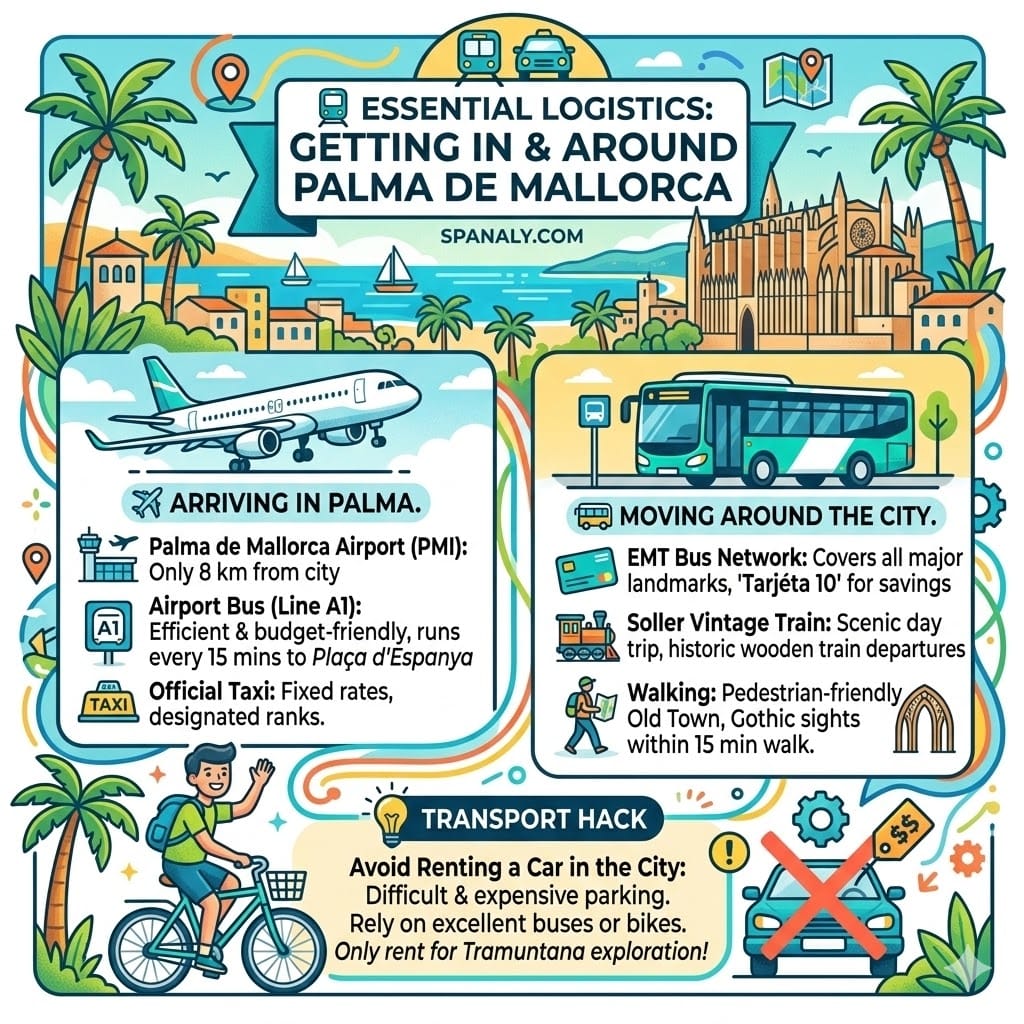 Infographic guide to Palma de Mallorca logistics by Spanaly.com, featuring airport transfers, bus networks, and city transport hacks.