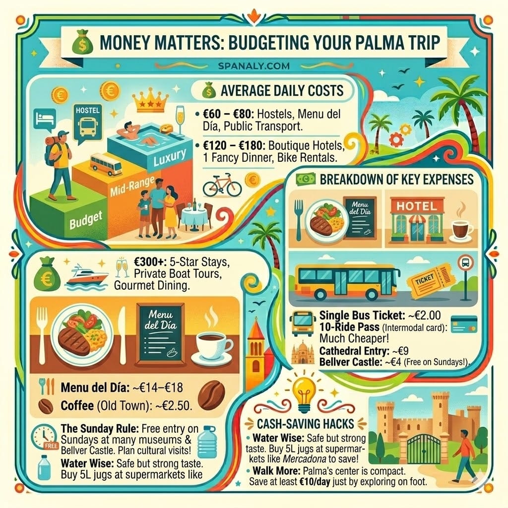 Budget infographic for Palma de Mallorca by Spanaly.com, showing daily costs for budget, mid-range, and luxury travelers, including meal and transport prices.