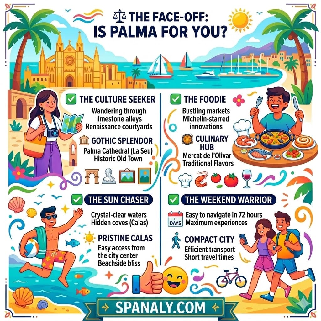 Infographic comparing travel styles in Palma de Mallorca by Spanaly.com: Culture, Beaches, Food, and 3-Day Trips.