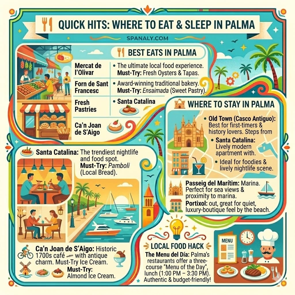 Infographic for best places to eat and stay in Palma de Mallorca by Spanaly.com, featuring Mercat de l’Olivar, Santa Catalina, and Old Town hotel tips.