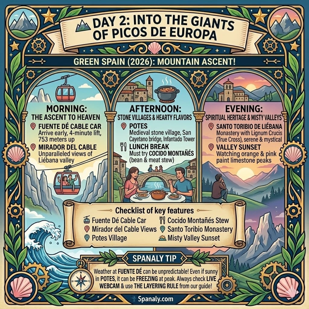 A clean, colorful infographic for Day 2 in Picos de Europa. It features three panels: Morning (Fuente Dé Cable Car and Mirador del Cable), Afternoon (Potes village and Cocido Montañés stew), and Evening (Santo Toribio Monastery and mountain sunset). Includes a checklist of mountain landmarks and a Spanaly Tip about weather unpredictability.