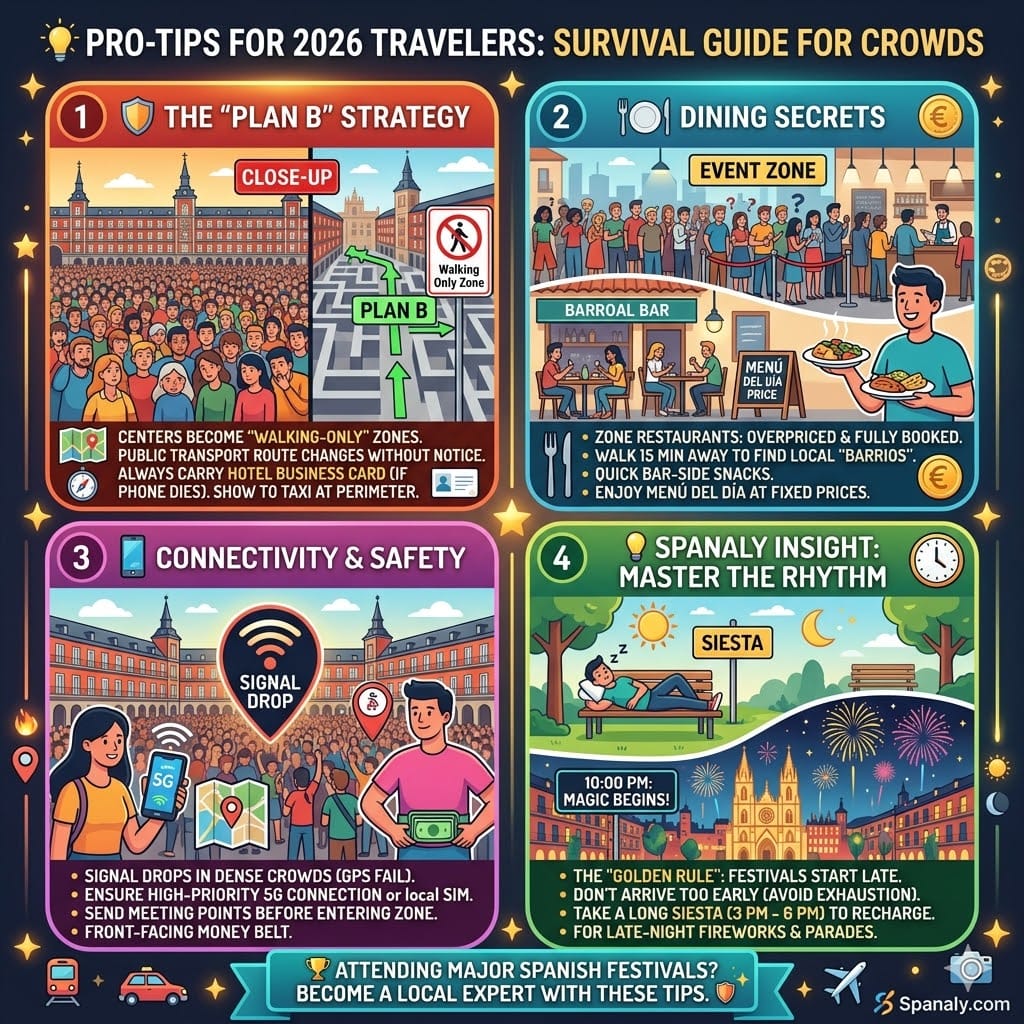Infographic with pro-tips for attending Major Spanish Festivals 2026. Survival guide for navigating crowds during events like Las Fallas or Semana Santa. Spanaly.com