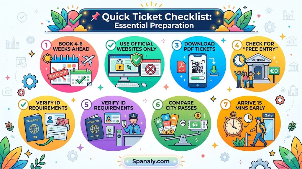 A colorful infographic checklist for booking Spain attraction tickets, featuring seven expert tips: booking 4-6 weeks ahead, using official websites, downloading PDF tickets, checking for free entry, verifying ID, comparing city passes, and arriving early by Spanaly.com.