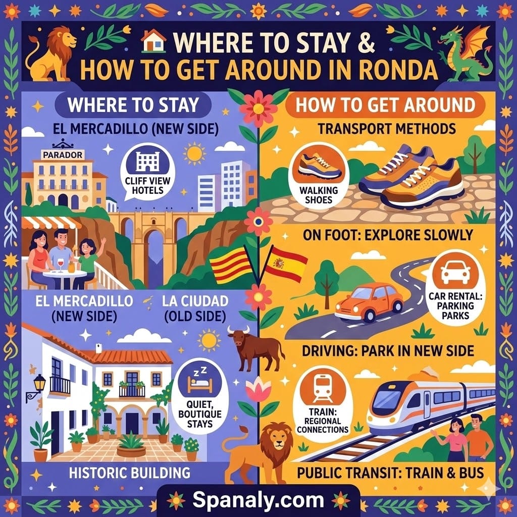 A colorful infographic guide on where to stay and how to get around in Ronda, featuring cliff-view hotels, historic boutiques, and transport options like walking, car, and train.