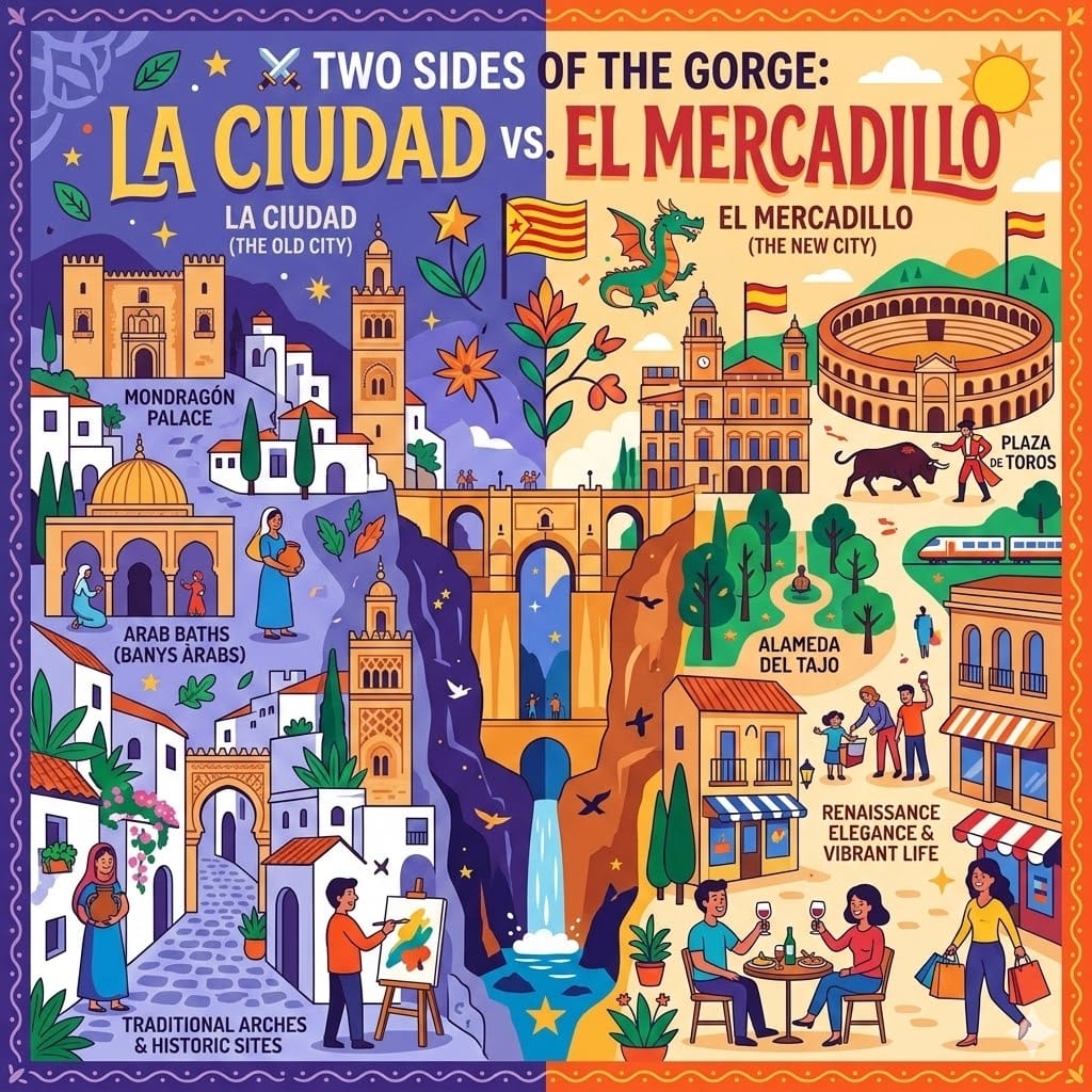 A colorful infographic map comparing the two sides of Ronda: the Moorish La Ciudad and the Renaissance El Mercadillo, separated by the El Tajo gorge and Puente Nuevo bridge.