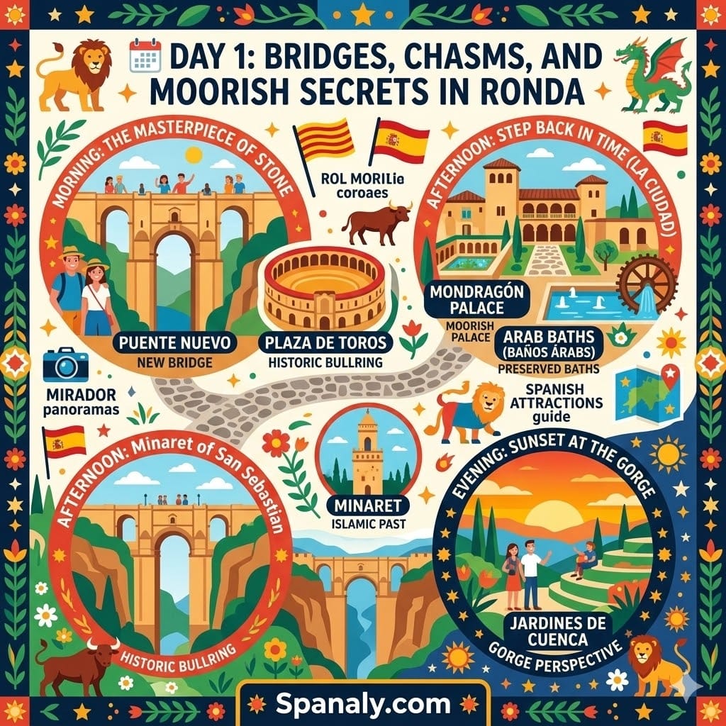 A colorful infographic map for Day 1 in Ronda, featuring Puente Nuevo bridge, Plaza de Toros, Mondragón Palace, and Arab Baths with Spanaly.com branding.