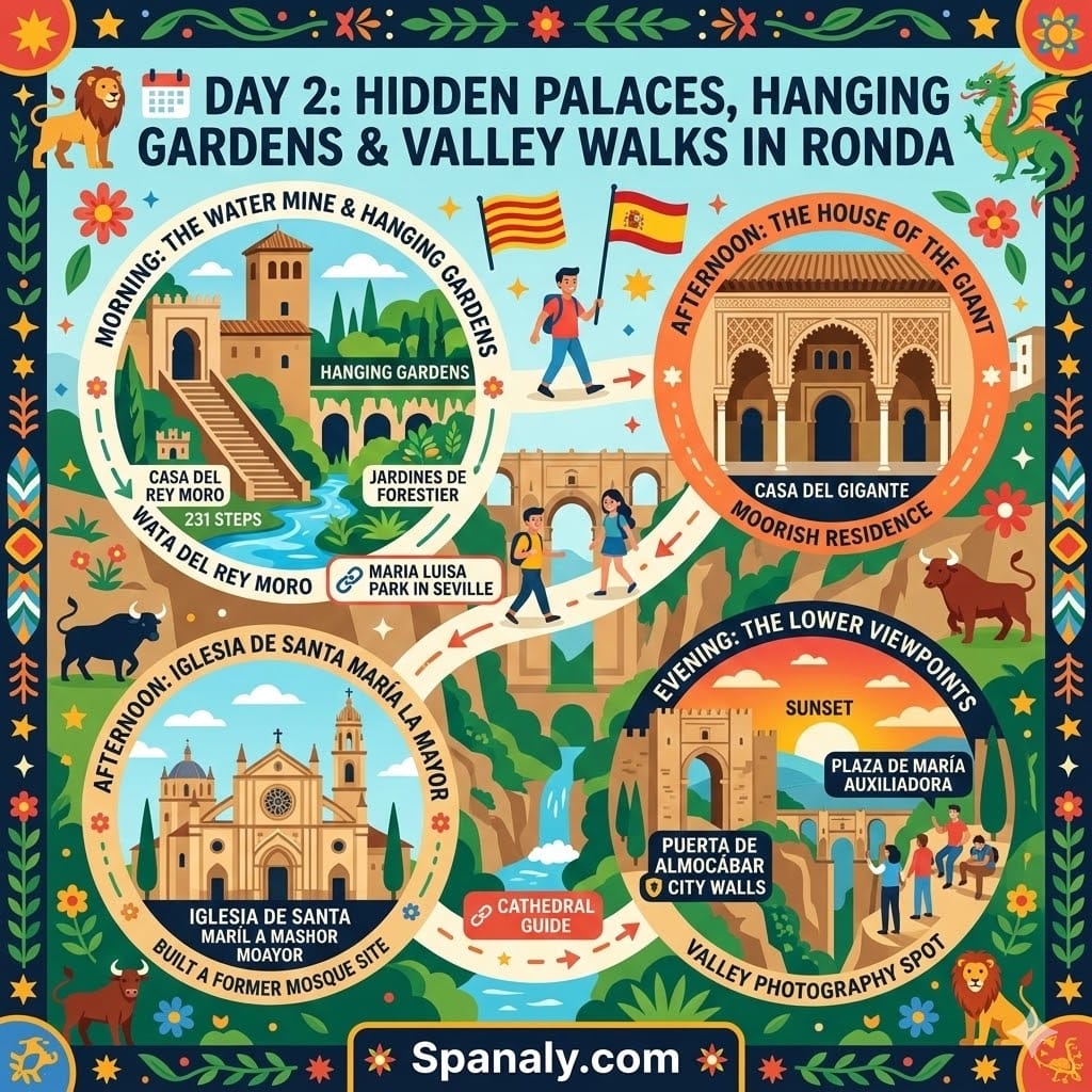 A colorful infographic map for Day 2 in Ronda, featuring Casa del Rey Moro, Casa del Gigante, Santa Maria Church, and the city walls with Spanaly.com logo.