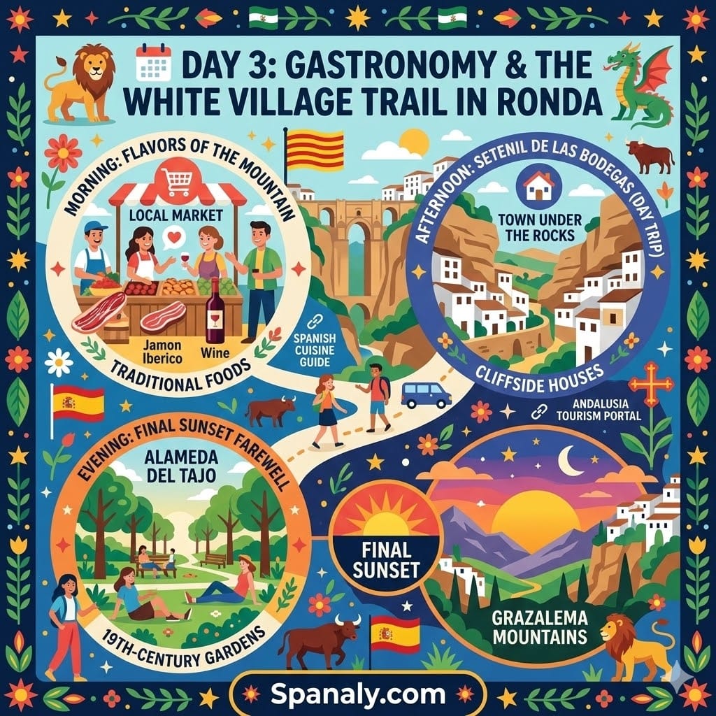 A colorful infographic map for Day 3 in Ronda and surroundings, featuring local food markets, Jamon Iberico, Setenil de las Bodegas, and sunset at Alameda del Tajo.
