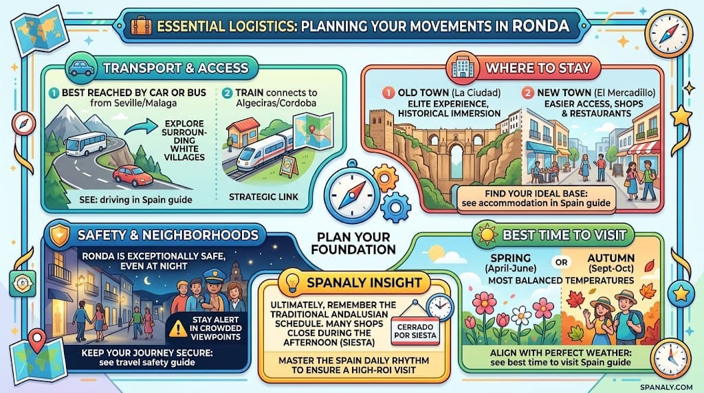 Comprehensive infographic for Ronda travel logistics, covering transport (car, bus, train), accommodation (Old Town, New Town), safety, best time to visit, and the Spanish siesta schedule.