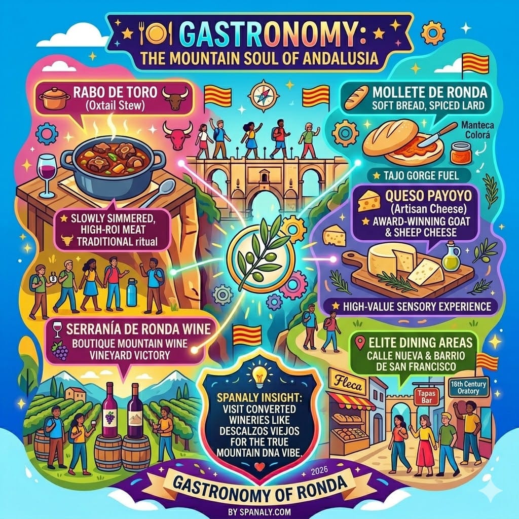 Vibrant infographic of Ronda gastronomy featuring Rabo de Toro oxtail stew, Mollete de Ronda bread with spiced lard, Payoyo cheese, and local mountain wines.