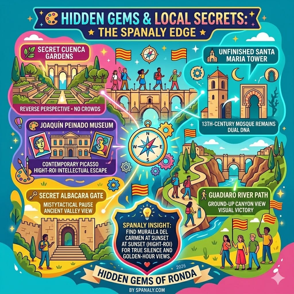 Vibrant infographic showcasing Ronda's hidden gems, including the Secret Cuenca Gardens, Unfinished Santa Maria Tower, Joaquin Peinado Museum, Albacara Gate, and the Guadiaro River path.