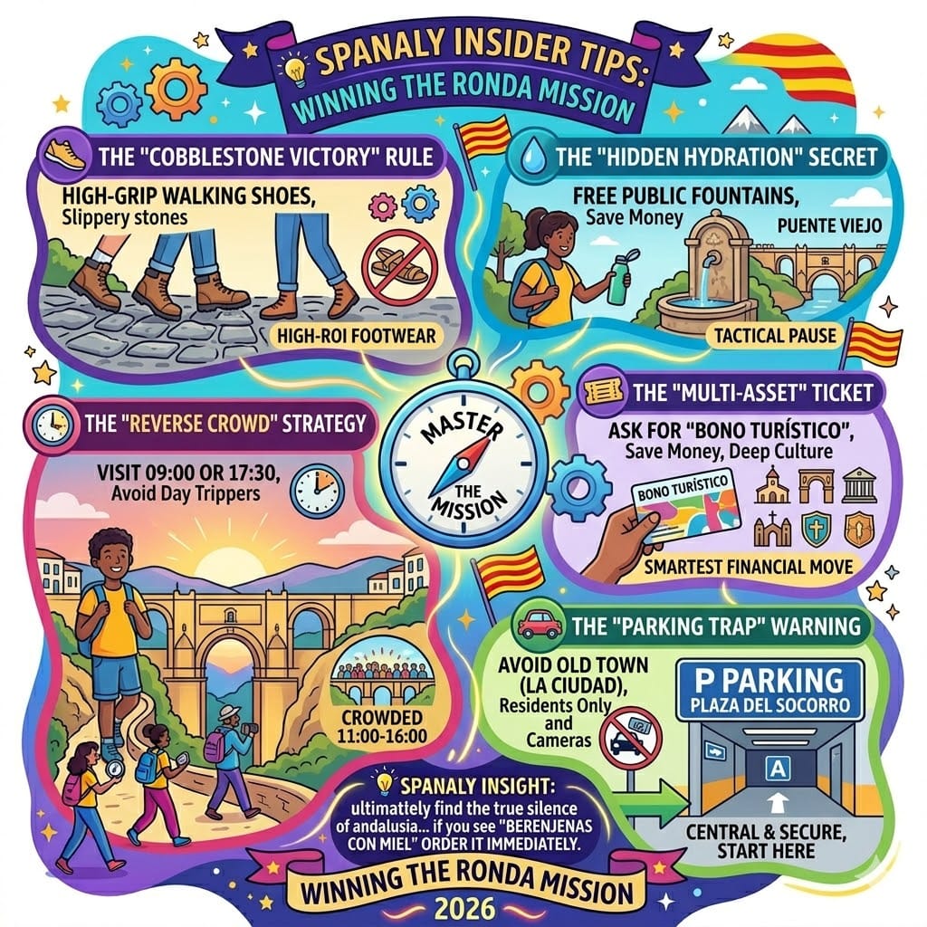 Vibrant infographic for Ronda travel tips, featuring advice on footwear, avoiding crowds at Puente Nuevo, using public water fountains, and avoiding the Old Town parking trap.