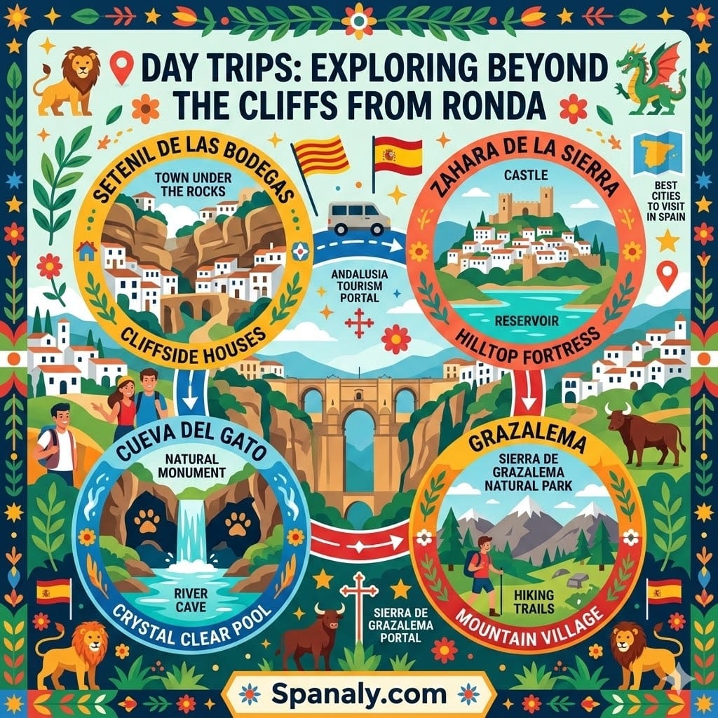 A colorful infographic showing popular day trips from Ronda, featuring Setenil de las Bodegas, Zahara de la Sierra, Cueva del Gato, and Grazalema with Spanaly.com logo.