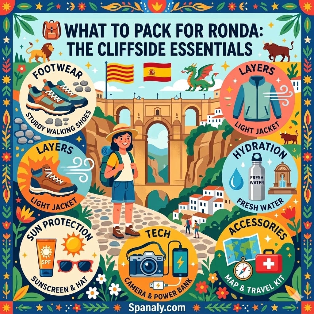 A vibrant infographic showing the essential packing list for Ronda, Spain, including walking shoes, light layers, sun protection, and hydration tips, with the Spanaly.com logo.