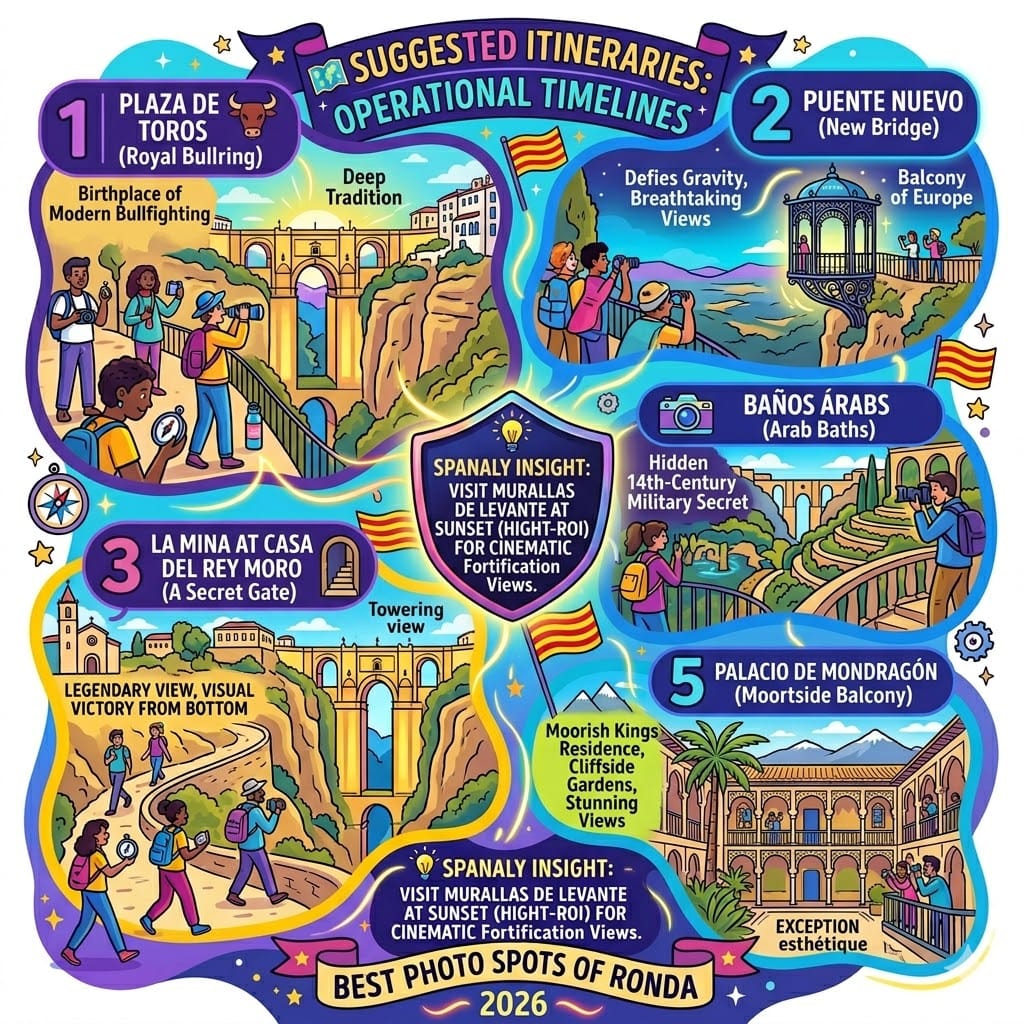 Vibrant infographic outlining suggested itineraries for Ronda, including a 24-hour Express Mission and a 48-72 hour Deep Dive, featuring key landmarks like the Puente Nuevo and Plaza de Toros.