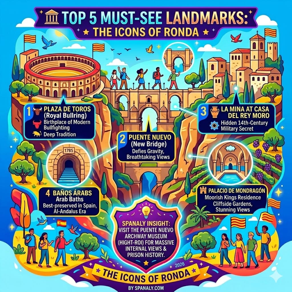 Vibrant infographic showcasing the top 5 landmarks in Ronda, including the Puente Nuevo bridge, Plaza de Toros, Arab Baths, Casa del Rey Moro, and Palacio de Mondragon.