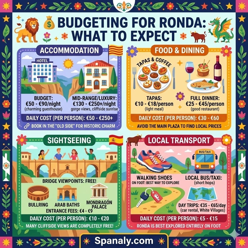 A colorful infographic breakdown of travel costs in Ronda, Spain, including accommodation, food and dining, sightseeing fees, and local transport costs with Spanaly.com branding.