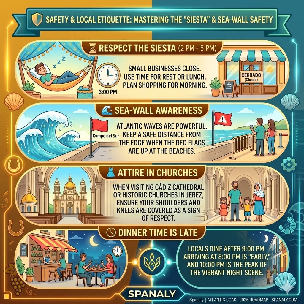 Infographic of safety and local etiquette in Cádiz and Jerez: Respecting siesta, sea-wall safety, church attire, and late dinner times with Spanaly.com logo.