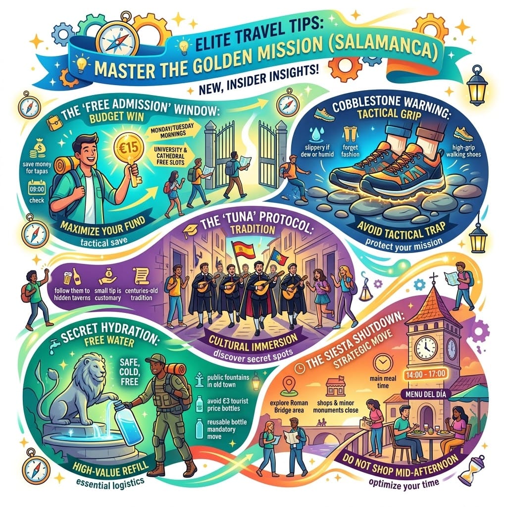 Colorful infographic detailing 5 elite travel tips for visiting Salamanca, Spain, including the free admission window, cobblestone warning for slippery sandstone, the Tuna tradition protocol, secret fountain hydration with reusable bottles, and navigating the Siesta shutdown.