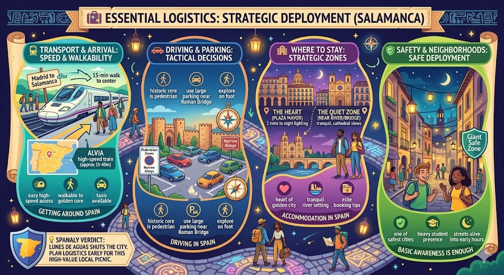 Colorful infographic detail the essential logistics for a strategic deployment in Salamanca, Spain, including transport via ALVIA high-speed train, walking from the station, driving and parking advice with Kings of Spain parking, strategic where to stay zones (Plaza Mayor and River area), and safety tips highlighting the giant safe zone.