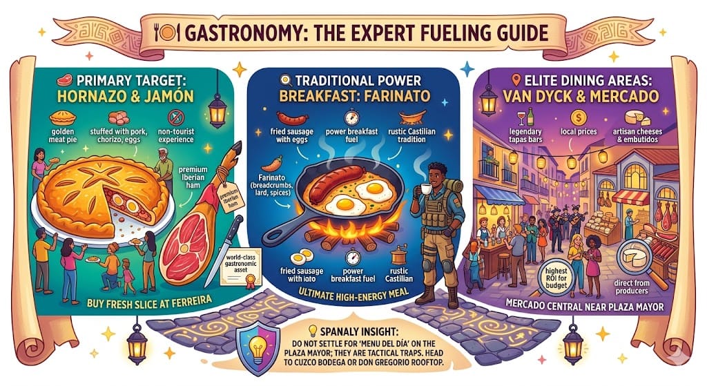 Colorful infographic providing an expert fueling guide to Salamanca gastronomy, featuring Hornazo meat pie, Jamón de Guijuelo, Farinato sausage with eggs, and elite dining areas like Calle Van Dyck and Mercado Central.